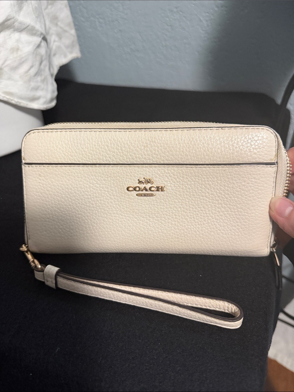 COACH Pebbled Leather Wristlet in Cream with Gold Logo